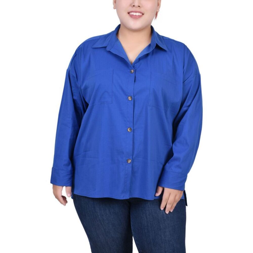 NY Collection Womens Solid Chest Pockets Button Up Shirt, NWT